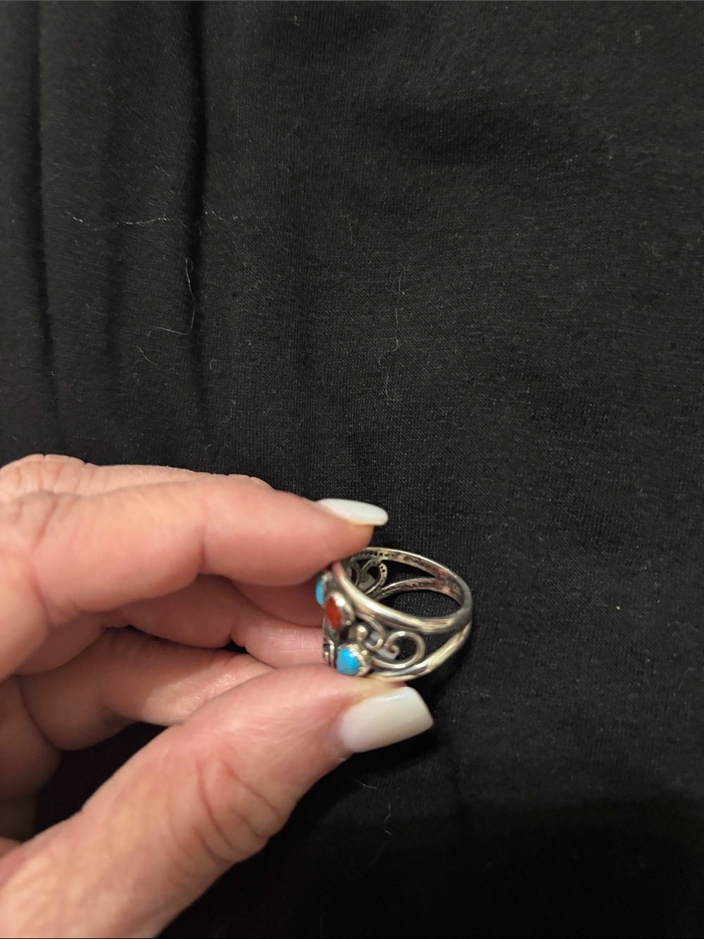Sterling Silver Turquoise & Coral Statement Ring - size 7 - Picture 3 of 4